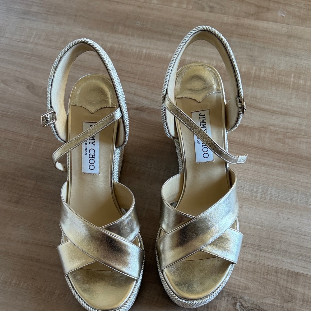 Jimmy Choo Metallic Gold Leather Crisscross Platform Sandals